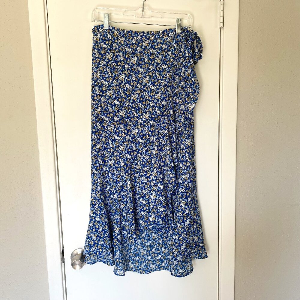 Max Studio Blue Floral Ruffle High Low Faux Wrap Maxi Skirt
